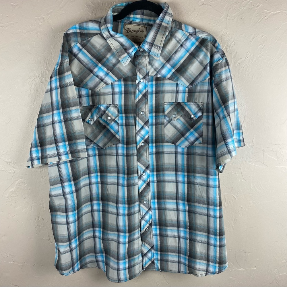 Wrangler Short Sleeve Pearl Snap Western Shirt Plaid Blue Metallic Tan XXL